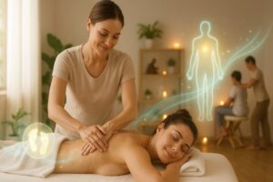 Terapeuta aplicando massagem relaxante nas costas de uma mulher deitada em um ambiente acolhedor, com elementos visuais que representam o fortalecimento do sistema imunológico.