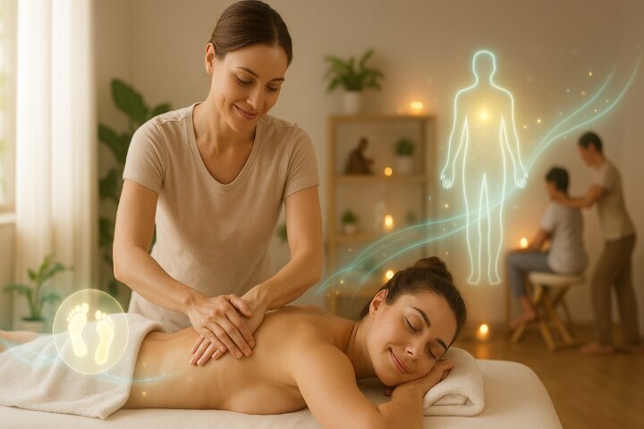 Terapeuta aplicando massagem relaxante nas costas de uma mulher deitada em um ambiente acolhedor, com elementos visuais que representam o fortalecimento do sistema imunológico.