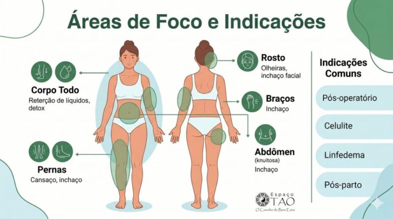 Drenagem linfática no pós-operatório Infográfico de drenagem linfática com áreas do corpo e indicações comuns — Espaço TAO Curitiba