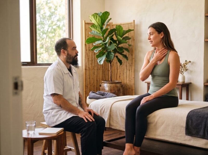 Antes de Marcar Quiropraxia, Tire Essas 5 Dúvidas massoterapeuta Juliano conversando com paciente em anamnese — atendimento personalizado Curitiba Espaco TAO
