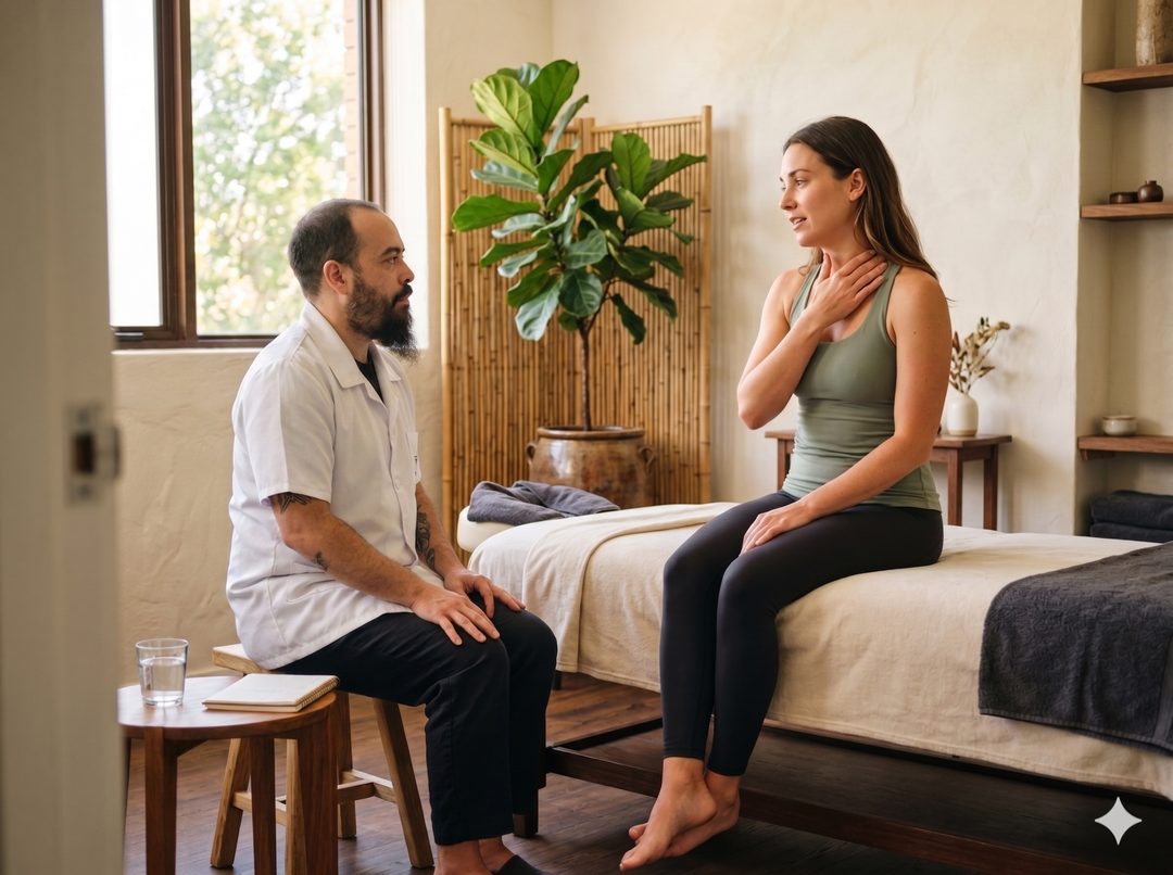 NR-01 e Massoterapia Corporativa: Como o Cuidado com o Corpo Integra a Gestao de Riscos Psicossociais Massoterapeuta Juliano em conversa de avaliacao com paciente — escuta e cuidado personalizado Espaco TAO Curitiba