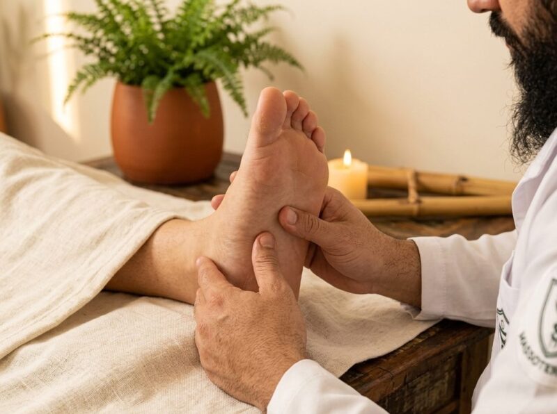 massoterapeuta Juliano realizando reflexologia podal em ambiente com vela e plantas — Curitiba Espaco TAO