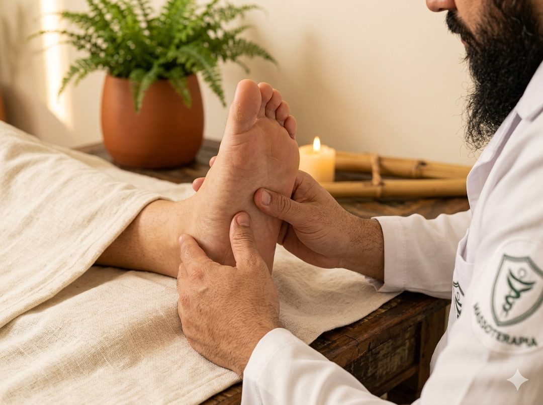 Massoterapeuta Juliano realizando reflexologia podal com vela e plantas ao fundo — Espaço TAO Curitiba