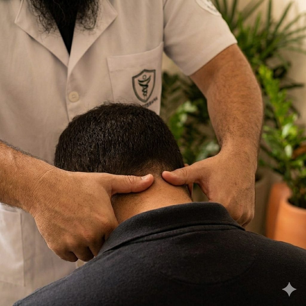 Massagem e postura Massoterapeuta Juliano realizando técnica cervical em paciente — massoterapia postural Espaço TAO Curitiba