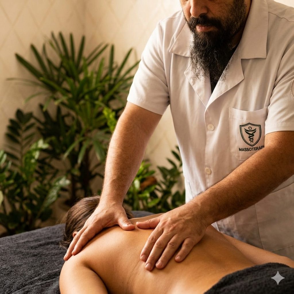 Massoterapeuta Juliano realizando técnica miofascial nas costas de paciente — Espaço TAO Curitiba