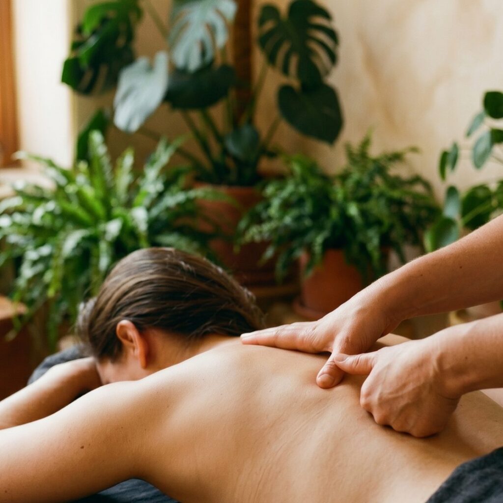 Liberação Miofascial nas Costas — Espaço TAO Curitiba terapeuta aplicando liberação miofascial nas costas de paciente — massoterapia Curitiba Espaço TAO