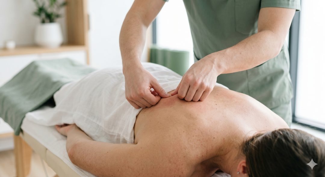 Massoterapeuta realizando massagem nas costas de atleta em maca — recuperação muscular Curitiba Espaço TAO