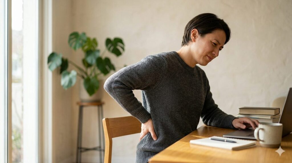 Mulher com dor lombar no trabalho — Espaco TAO Curitiba mulher com dor lombar se levantando da mesa de trabalho — massoterapia Curitiba Espaco TAO