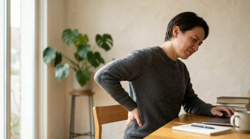Dor ciática ou dor muscular? A diferença que muda o tratamento mulher com dor lombar ou ciática se levantando da mesa de trabalho — massoterapia Curitiba Espaco TAO