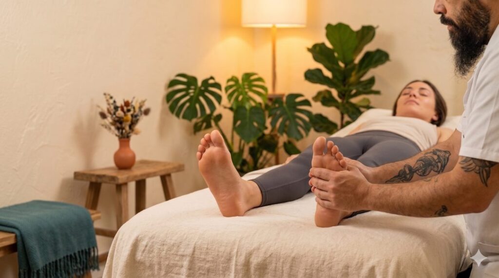 Reflexologia podal em ambiente acolhedor — Espaco TAO Curitiba terapeuta realizando reflexologia podal em paciente relaxada na maca — massoterapia Curitiba Espaco TAO