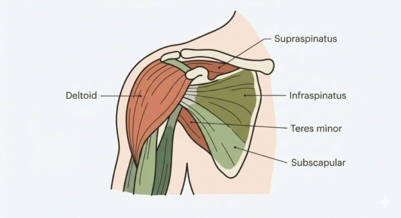 Dor no ombro ao levantar o braço: o que costuma estar por trás (e o que ajuda) Ilustração anatômica do ombro e dos quatro músculos do manguito rotador, as vezes responsáveis por dor no ombro.