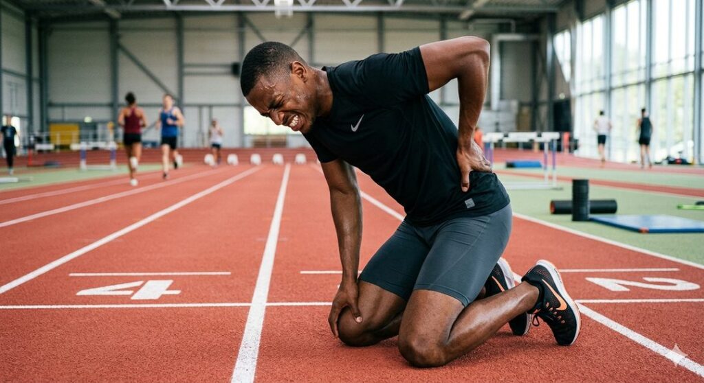 Atleta com dor lombar ou dor ciática de joelhos em pista indoor segurando as costas com dor — recuperacao esportiva massoterapia Curitiba Espaco TAO
