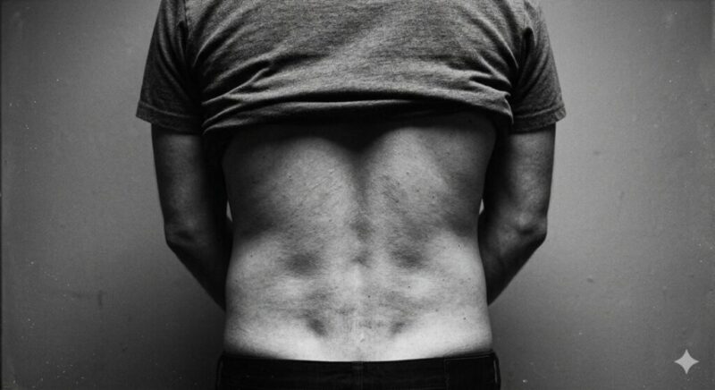 O que acontece com a sua lombar depois de 8 horas sentado (e o que fazer antes de doer) Vista posterior das costas de homem mostrando regiao lombar em preto e branco — dor lombar massoterapia Curitiba Espaco TAO