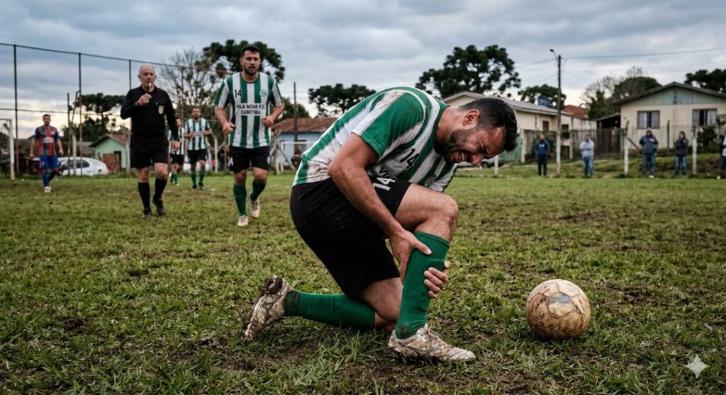 Massagem para quem treina: o que ela faz pela recuperação (e o que é mito) Jogador de futebol amador ajoelhado segurando a canela com dor em campo de grama — cuidado esportivo e massagem para quem treina em Curitiba, no Espaco TAO