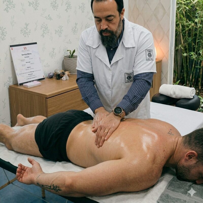 Massagem nas costas com terapeuta de jaleco — Espaço TAO Curitiba Terapeuta de jaleco branco realizando massagem terapêutica nas costas de cliente em maca — massoterapia Curitiba Espaco TAO