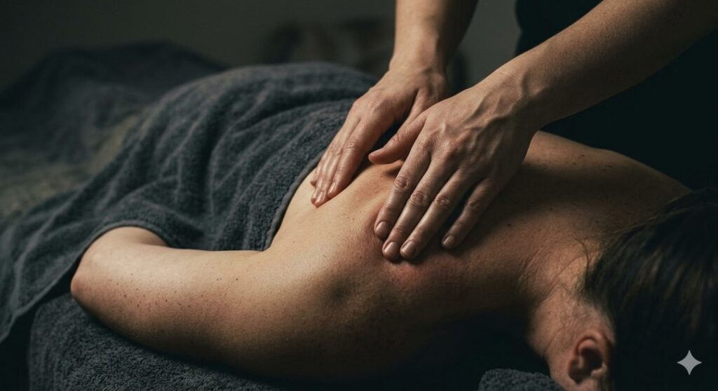 Maos de terapeuta realizando liberacao miofascial nas costas de cliente em maca com toalha — massoterapia Curitiba Espaco TAO