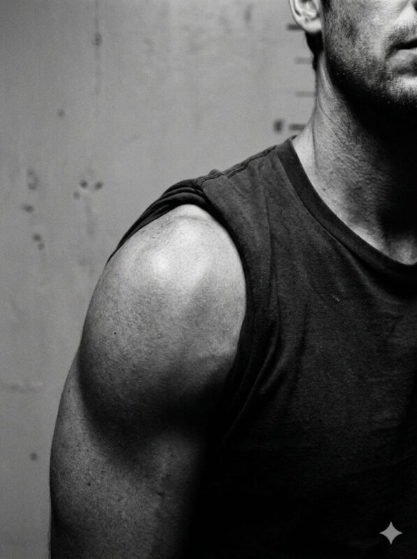 Dor no trapézio: por que o ombro fica com aquele nó (e o que solta) Close do ombro musculoso de homem em camiseta regata em preto e branco — dor de ombro massoterapia Curitiba Espaco TAO