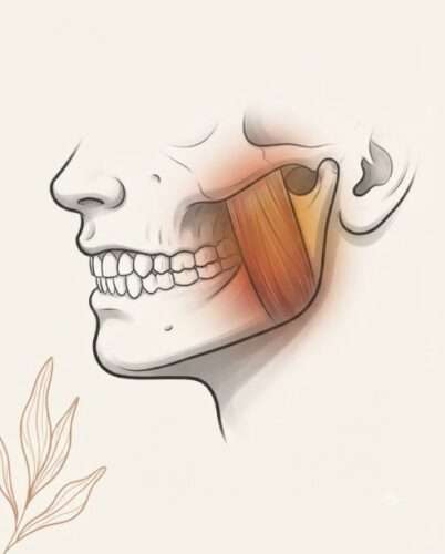 Bruxismo: por que você aperta os dentes dormindo (e o que realmente ajuda) Bruxismo: Ilustração médica minimalista em perfil de um maxilar humano, destacando o músculo masseter tenso com tons terrosos, sem texto.