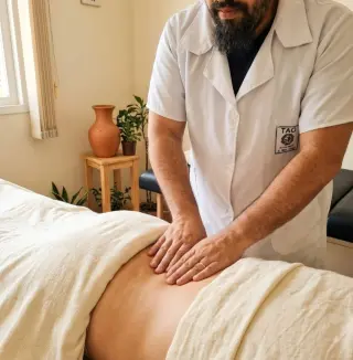 Pode Massagear Hérnia de Disco? O Que Ajuda e o Que Piora Massoterapeuta do Espaço TAO aplicando massagem suave na região lombar de um paciente para alívio de dores relacionadas à hérnia de disco.