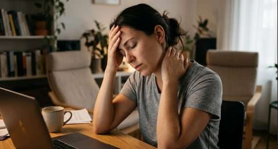 Dor de cabeça tensional: por que ela aperta no fim do dia (e quando a massagem ajuda) Text Neck? Uma foto de plano médio de uma mulher em seu escritório doméstico, sentada à mesa, com expressão de dor, segurando a cabeça e o pescoço.