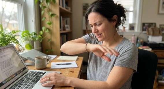 Formigamento nas mãos: o que pode ser (e quando a massagem ajuda) Formigamento nas mãos: Mulher com expressão de dor olhando para a mão direita levantada enquanto trabalha no notebook.